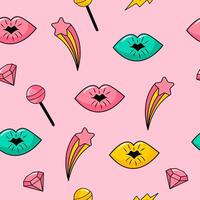 90s cool pink girly background. Retro color seamless pattern with kiss, lollypop, star elements in doodle style. vector