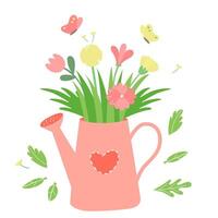 Cute watering can with a bouquet of flowers. Garden botany composition on white background. vector