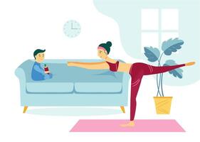 woman does yoga at home. Mom and child doing exercises in the apartment. vector