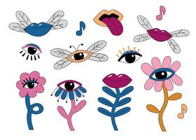 Surrealism design elements. Flowers and insects in the form of eyes, lips. Set isolated on white background. vector