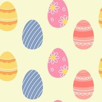 Easter seamless pattern with painted eggs on background. Festive bright layout for printing on packaging, fabric, paper and other surfaces. vector