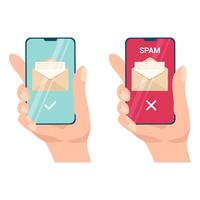 Secure message and spam mailing. Spam notification on smartphone screen. vector