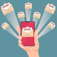 Hand holding smartphone with many envelopes with spam message. Spam massage attack vector