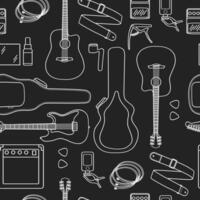 Electric guitar, acoustic guitar and accessories seamless black pattern. Capo, case, strap, picks, strings. vector