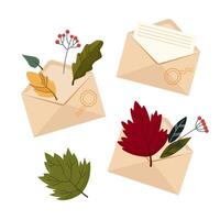 Envelopes with beautiful autumn leaves and letters. vector