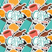 café hora sin costura modelo diseño con cacao frijoles, granos y jarra en dibujos animados plano ilustración vector