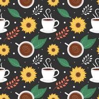 café hora sin costura modelo diseño con cacao frijoles, granos y jarra en dibujos animados plano ilustración vector