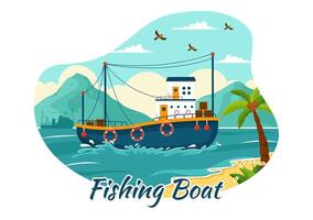 Fishing Boat Illustration with Fishermen Hunting Fish Using Ship at Sea in Flat Cartoon Background Design vector