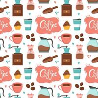 Coffee Time Seamless Pattern Design With Cacao Beans, Grains and Jug in Cartoon Flat Illustration vector