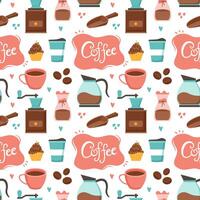 café hora sin costura modelo diseño con cacao frijoles, granos y jarra en dibujos animados plano ilustración vector