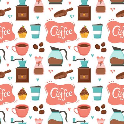 Coffee Time Seamless Pattern Design With Cacao Beans, Grains and Jug in Cartoon Flat Illustration