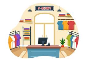 T shirt Store Illustration with Shopping for Clothes or Tshirt for Fashion Styles Women or Men in Flat Cartoon Background Design vector