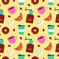 Coffee Time Seamless Pattern Design With Cacao Beans, Grains and Jug in Cartoon Flat Illustration vector