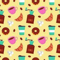 Coffee Time Seamless Pattern Design With Cacao Beans, Grains and Jug in Cartoon Flat Illustration vector