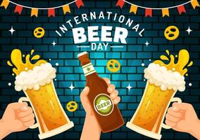 internacional cerveza día ilustración en 5 5 agosto con salud cervezas celebracion y fabricación de cerveza en plano dibujos animados antecedentes diseño vector