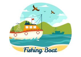 pescar barco ilustración con pescadores caza pescado utilizando Embarcacion a mar en plano dibujos animados antecedentes diseño vector