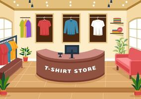 T shirt Store Illustration with Shopping for Clothes or Tshirt for Fashion Styles Women or Men in Flat Cartoon Background Design vector