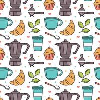 Coffee Time Seamless Pattern Design With Cacao Beans, Grains and Jug in Cartoon Flat Illustration vector