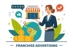 franquicia publicidad ilustración con negocio y Finanzas a promoviendo exitoso marca o márketing en plano dibujos animados antecedentes vector