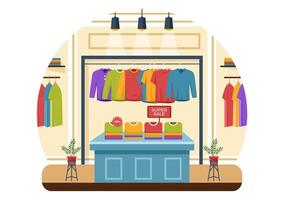 T shirt Store Illustration with Shopping for Clothes or Tshirt for Fashion Styles Women or Men in Flat Cartoon Background Design vector