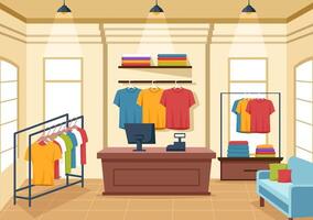 T shirt Store Illustration with Shopping for Clothes or Tshirt for Fashion Styles Women or Men in Flat Cartoon Background Design vector