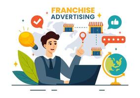 franquicia publicidad ilustración con negocio y Finanzas a promoviendo exitoso marca o márketing en plano dibujos animados antecedentes vector