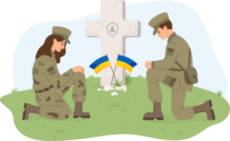 Military soldiers in front of grave with Ukrainian flags png