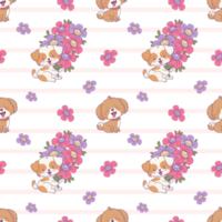 Seamless pattern with happy cartoon dogs with flowers png