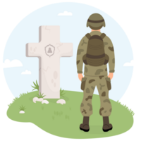 Military soldier stands in front of grave cross png