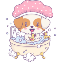 Dog in shower cap bathes in bath png