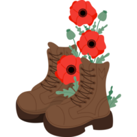 Military boots with red poppy flowers png