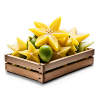 Starfruit yellow and star shaped arranged in a wooden crate side view. png