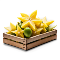 carambola amarelo e Estrela em forma arranjado dentro uma de madeira engradado lado visualizar. png