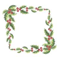 Christmas frame vintage Holly with green leaves and red berries. Hand drawn watercolor illustration traditional plant for winter holiday design. Isolated template for card, invitation, New Year, print png