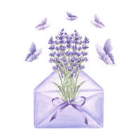 Lavender and butterflies. Floral bouquet in an envelope with bow. Hand drawn watercolor illustration of Provence spring flowers, herb Isolated template for card, print, tableware, textile, embroidery. png