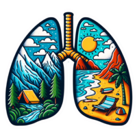 Artistic Illustration of Lungs with Contrasting Mountain and Beach Landscapes png