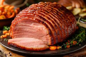 Artfully arranged ham slices, fresh carrot juice, and homemade mustard sauce on wooden tables photo