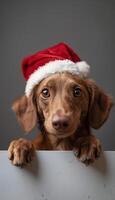 Adorable puppy in christmas hat peeking from behind blank banner, creating a cute and festive scene photo