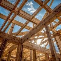 Wooden house construction frame building the foundation of a rustic and charming home photo