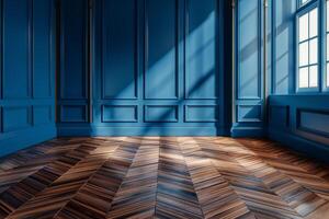 clásico azul y blanco pared antecedentes con Copiar espacio en burlarse de arriba habitación con marrón parquet piso foto