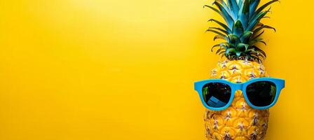 Stylish pineapple with sunglasses and sunscreen on pastel background with space for text photo