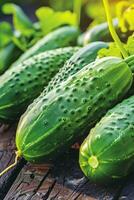 Thriving organic ripe cucumbers growing abundantly in controlled greenhouse environment photo