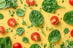 Fresh salad ingredients on yellow background lettuce, tomato, spinach, cucumber, sprouts photo