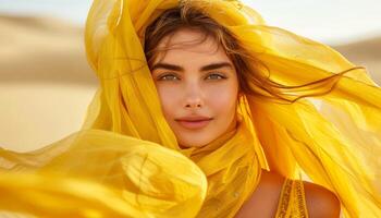 Desert editorial minimalist portrait of woman in headscarf for new clothing collection photo