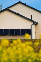 solar paneles en un bien expuesto pared de un individual casa, haciendo ahorros siguiendo el energía crisis, ciudadano ecológico gesto, verde energía foto