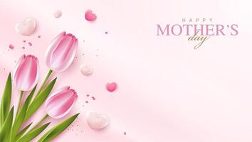 contento de la madre día con hermosa flores tulipanes y corazones en rosado antecedentes. ilustración para saludo tarjeta, anuncio, promoción, póster, volante, Blog, artículo, social medios de comunicación, marketing. diseño. vector
