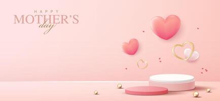 Display podium for Mother's day and Valentine's Day with heart. minimal pink background. product display presentation. studio room concept, minimal wall scene. design. vector