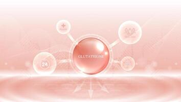 Glutathione serum drops over pink skin cells with cosmetic advertising. healthy life medical and dietary supplement. natural skin care cosmetic stimulate collagen. design. vector