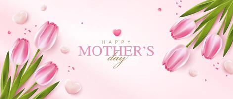 Happy Mother's Day with beautiful flowers tulips and hearts on pink background. illustration for greeting card, ad, promotion, poster, flier, blog, article, social media, marketing. design. vector