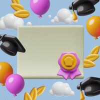 3d graduado diploma y medalla con Copiar espacio allí dimensional felicidades enviar modelo vector